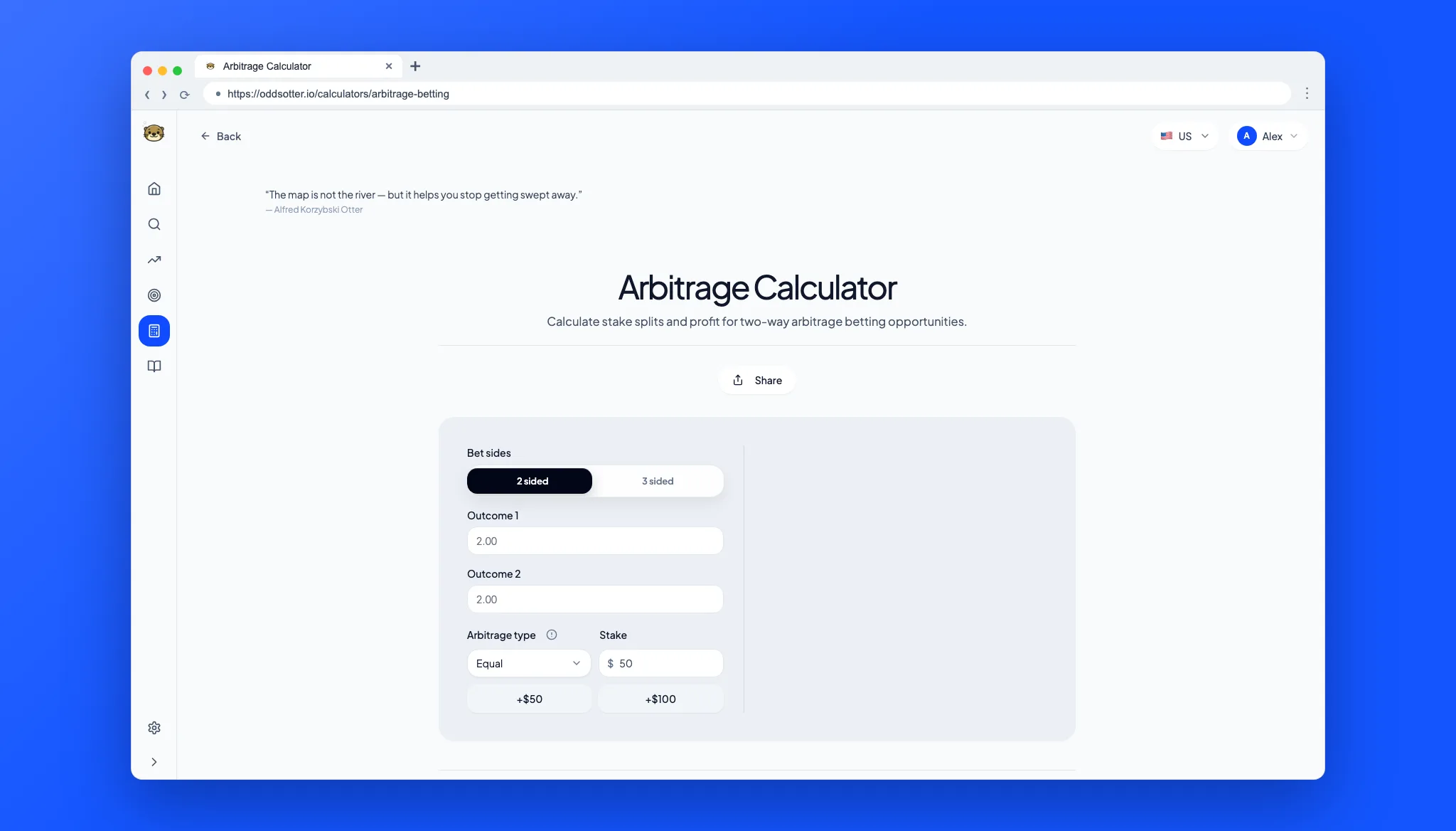 Arbitrage betting calculator screenshot
