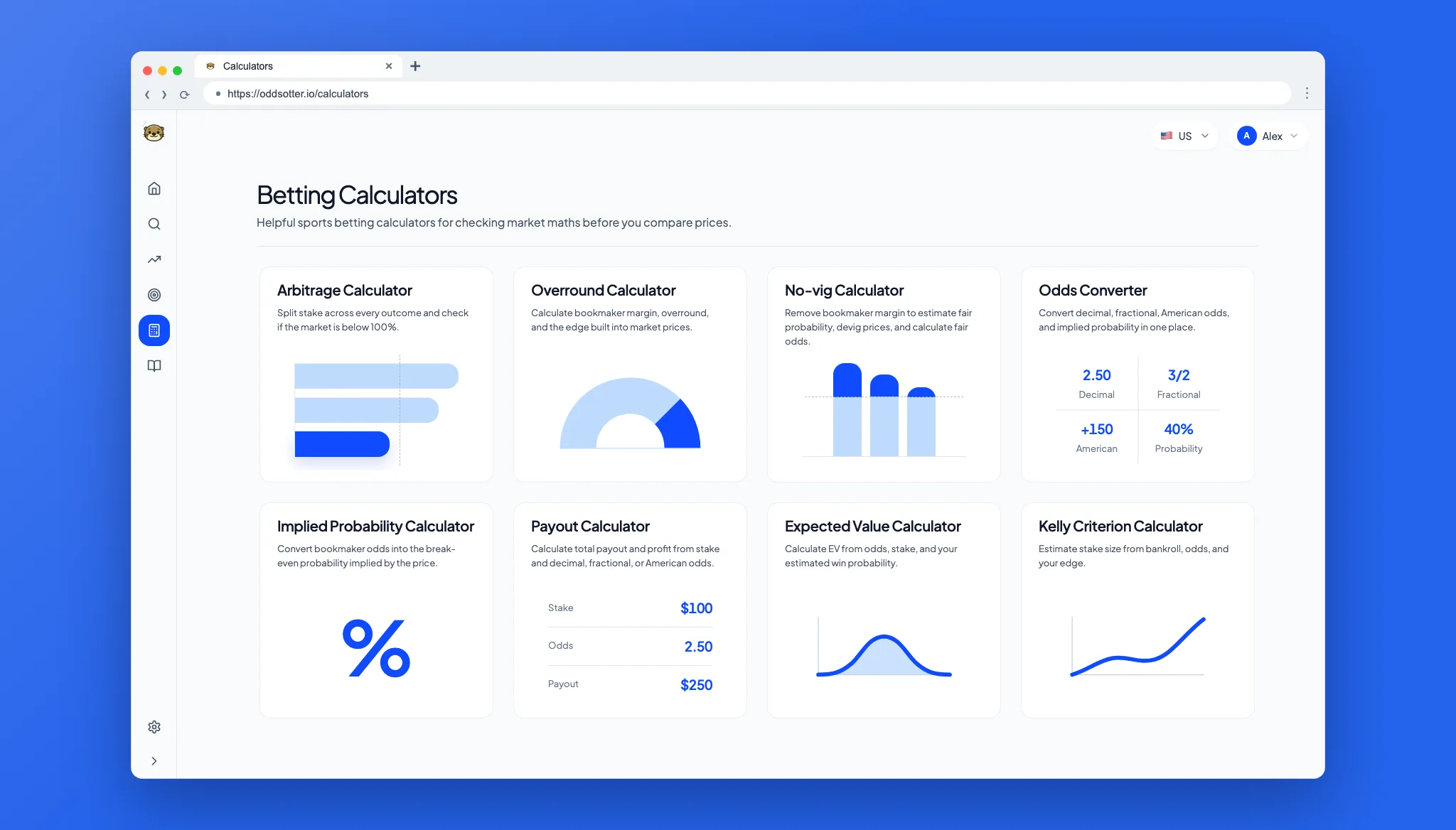 Betting calculators page screenshot
