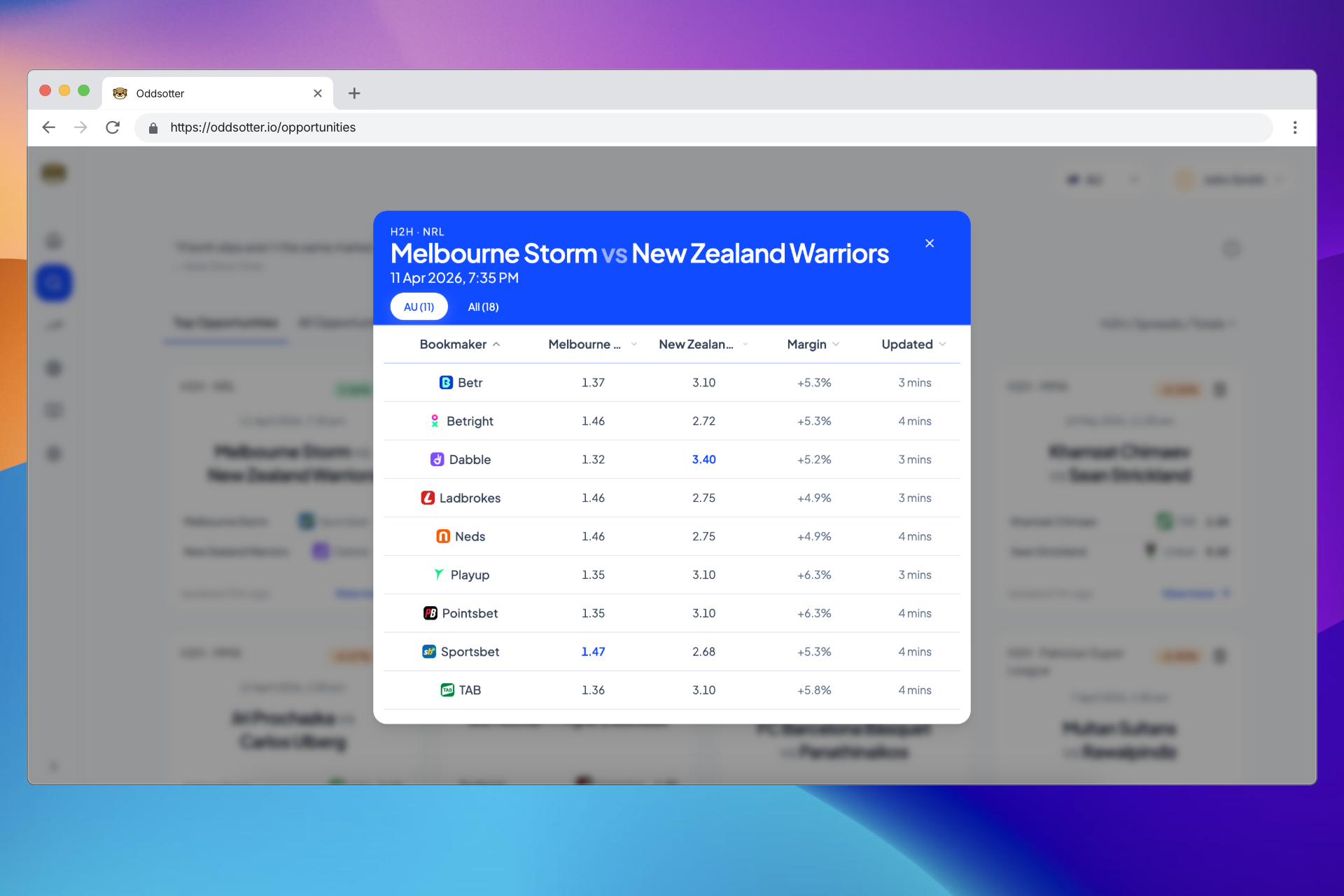 Detailed odds view screenshot