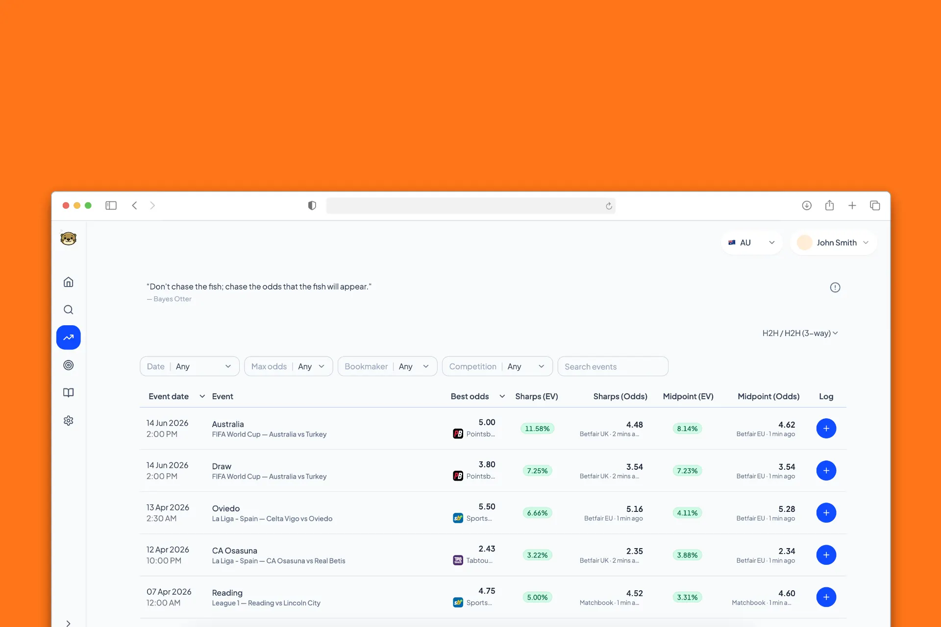 OddsOtter Positive EV dashboard showing value bets and fair odds.