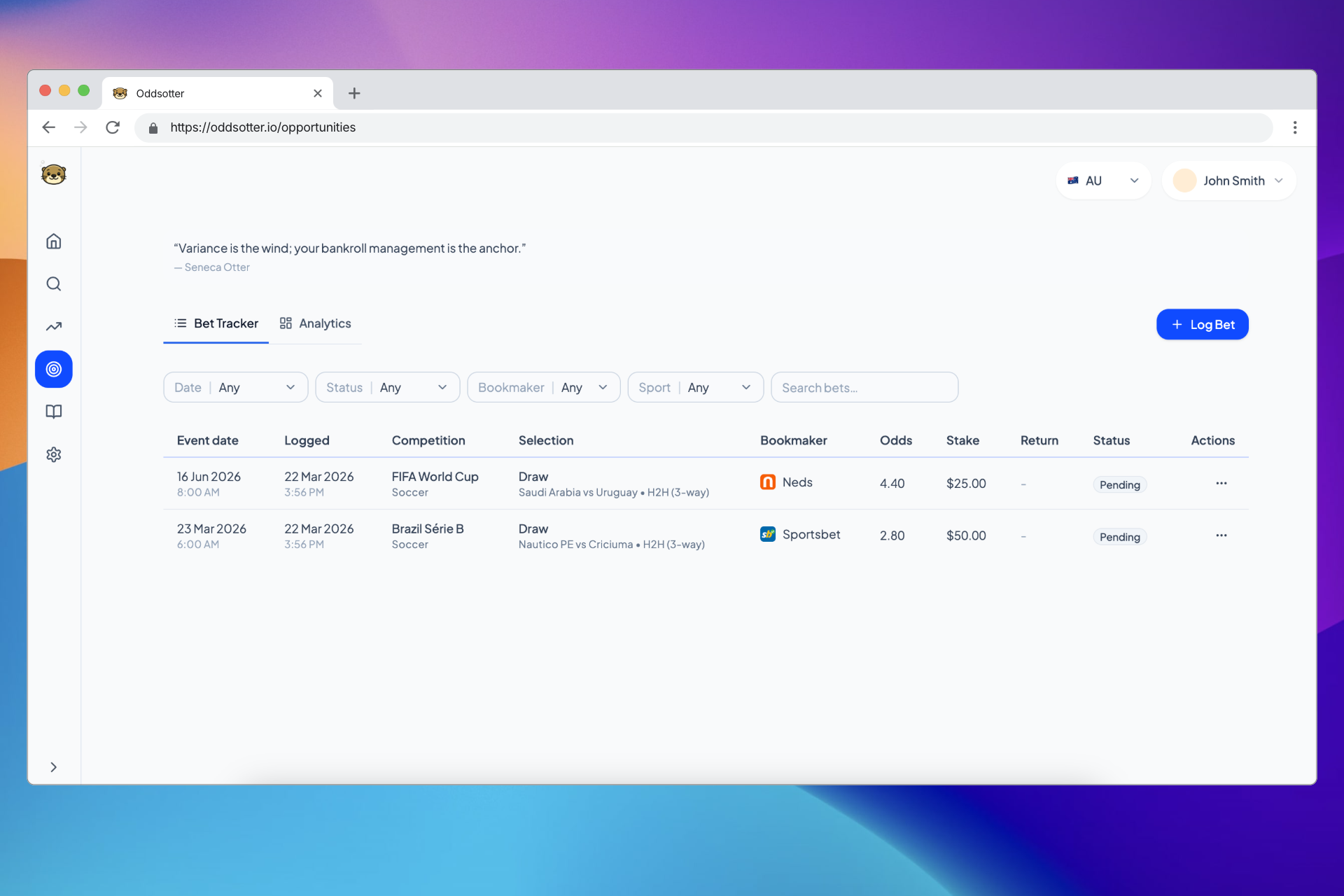Bet Tracker dashboard showing logged bets and results